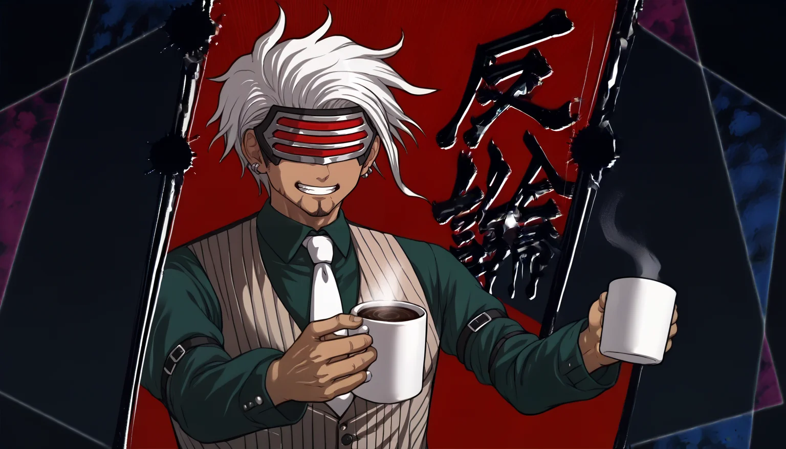 score_9, score_8_up, score_7_up, source_anime, 1boy, grin, smirk, holding coffee mug, <lora:Danganronpa3ObjectionCutIn_pdxl_Incrs_v1:1.2> objection, upper body, multicolored background, red background, Kanji, <lora:GodotAA-pdxl:1> gdAA, white hair, short hair, mask, covered eyes, dark-skinned male, beard, single earring, collared shirt, green shirt, long sleeves, pinstripe vest, white necktie, arm strap