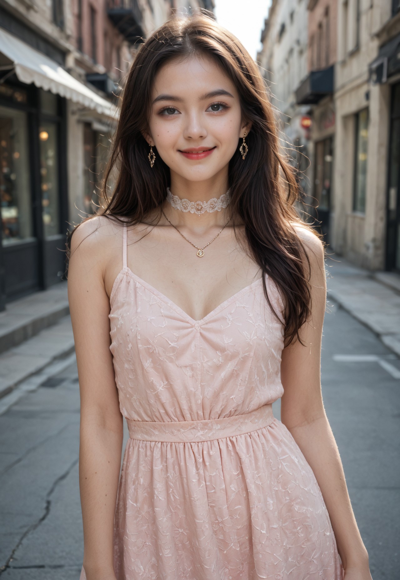 1girl, solo, dress, red_dress, long_hair, jewelry, black_hair, mole, mole_under_eye, looking_at_viewer, earrings, , hair_ornament, choker, necklace, smile