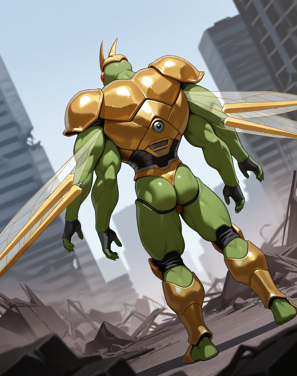 <lora:Ultimate_Katris_(Shinzo)_(Illustrious)_(AD):1.35> Ultimate Katris, muscular, mantis, Shinzo, 
((
exterior, bent leg, anime post apocalyptic city, destroyed buildings, destroyed skyscrapers, buildings laying at an angle or on the side, dutch angle, back view, butt, 
dynamic action, insect anthro, male focus, strong warrior, manly, bounty hunter, villain, glossy gold armor, manly, masculine, 4arms, four armed, perfect proportions, green body, wings, 
)), 
BREAK: very awe, aesthetically pleasing, masterpiece, best quality, amazing quality, very aesthetic, perfect depth of field shot, gradient coloring, subsurface reflections, source_furry, furry_art, vivid colors, source_anime, masterclass anime,
masterpiece, best quality, amazing quality, very aesthetic, high resolution, ultra-detailed, absurdres, newest, scenery, {Prompt}, BREAK, detailed background, volumetric lighting,
BREAK: lazympos, lazypos (3),