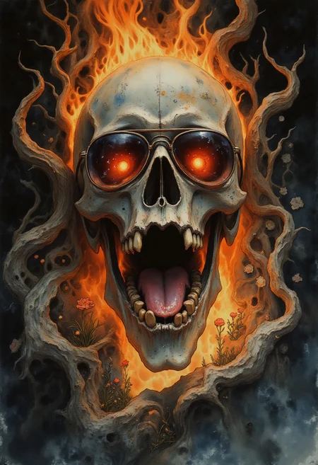masterpiece, best quality, A hyper-realistic Close up shot of a floating skull wearing sunglasses. It's centered, yelling while on fire and suspended in a void., full body zoomed in, ultra sharp focus photo, 3d render, architecture, dark fantasy, vibrant (photography, high-resolution, dynamic, energetic,hyper-realistic, dramatic lighting, shallow depth of field.), dramatic lights, Cinematic, beautiful, vibrant, masterpiece, 32k, ultra HD, ultra-detailed, amazing quality, amazing artist, sharp edges, detailed textures, full view, atmospheric lighting, amazing visuals