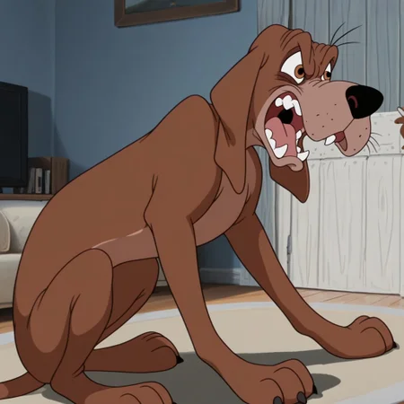 masterpiece, best quality, amazing quality, brun01, male, furry male, feral, solo, dog, hair strands, brown fur, two-tone fur, brown eyes, dark under eyes, tan muzzle. black nose, whiskers, fangs, sharp teeth, floppy ears, paw pads, tail, pounce stance, angry, grit teeth, indoors, living room