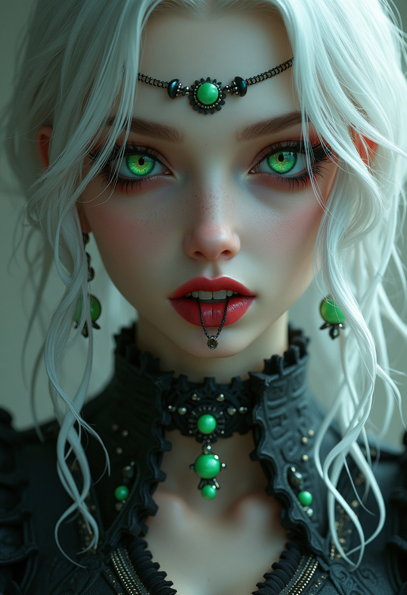 goth girl, white hair, vampire fangs, gothic jewelry, green jade eyes, realistic, 4k,