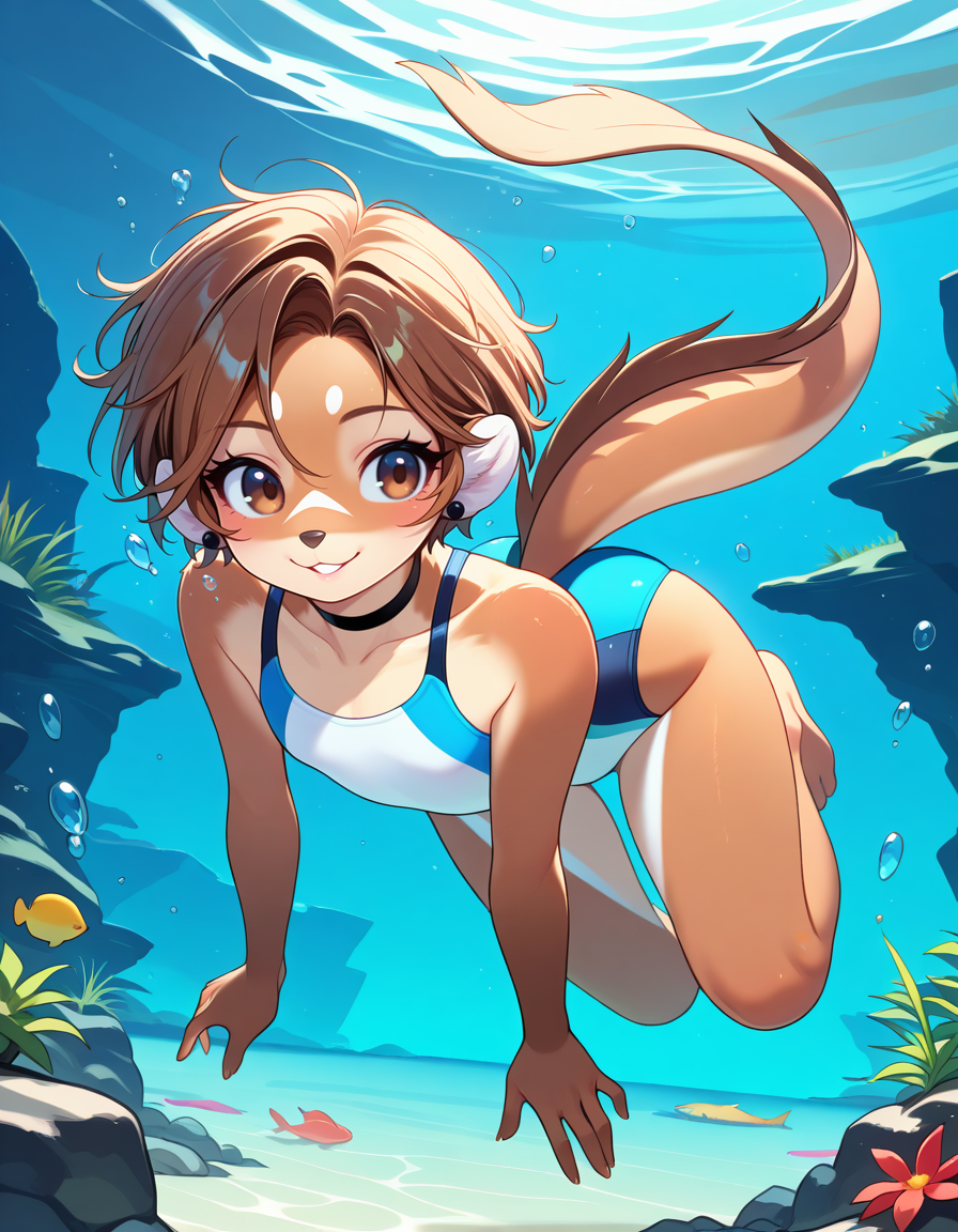 masterpiece, best quality, very aesthetic, absurdres,
outdoors, lake, swimming, submerged, underwater, 
full body, swimsuit,  
smile, parted lips, long eyelashes, 
<lora:Mikhaila_v01_NAIXL:1>
M1k4a11a,1girl,solo,furry,furry female,short hair,brown hair,brown eyes,animal nose,choker,body fur,brown fur, tail,
