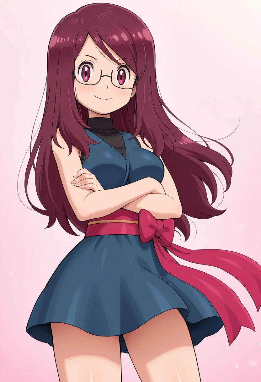 pokemoa, oekaki, best quality, masterpiece, amazing quality, very aesthetic, lowres, 1girl, solo, trainerrissy, dark blue sleeveless dress, black turtleneck, short skirt, layered clothing, pink obi sash, crossed arms, looking at viewer, smile, simple background