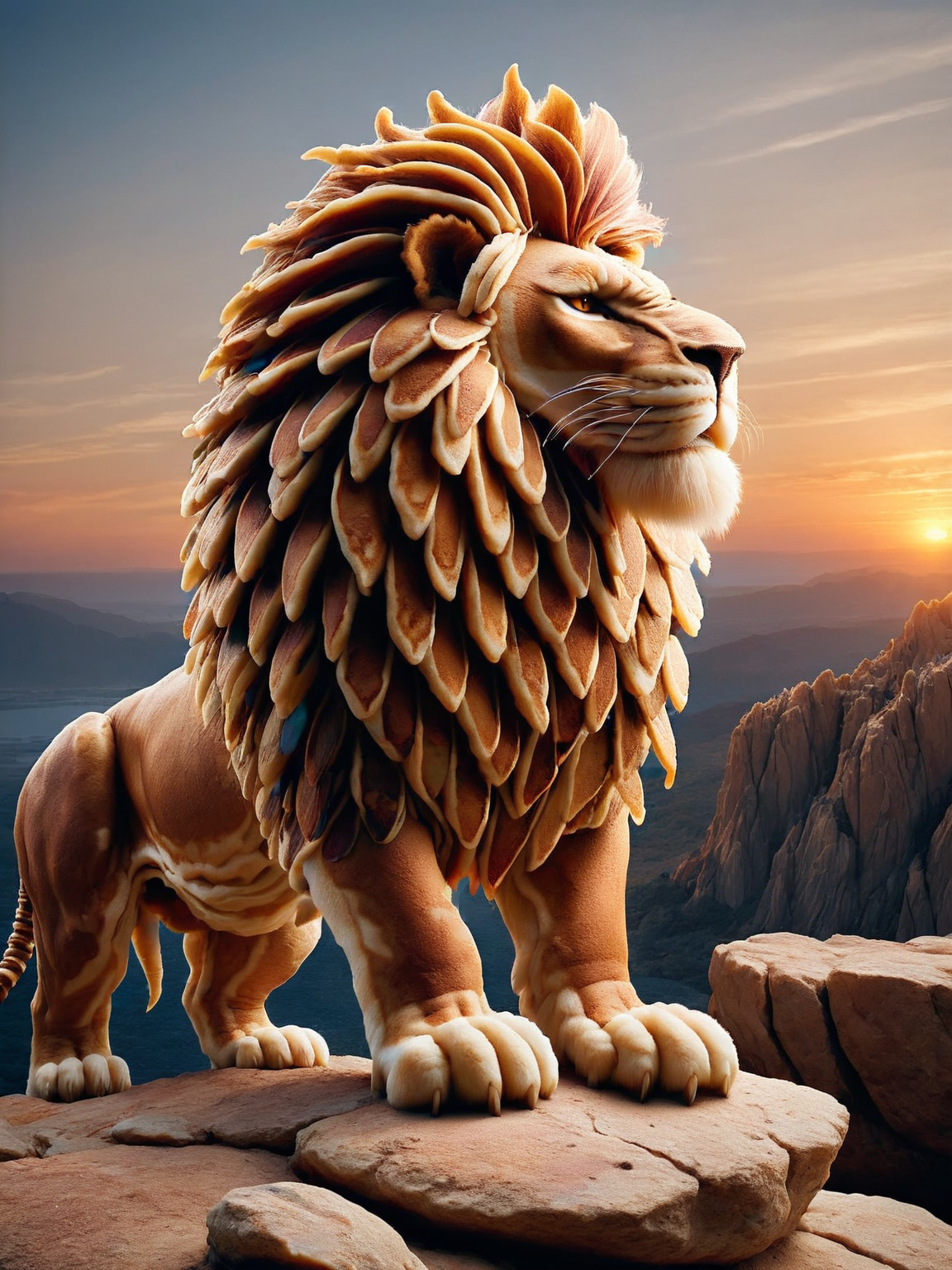 A majestic ais-pncks lion roaring on a rocky outcrop at sunset <lora:ais-pncks-sdxl:1>