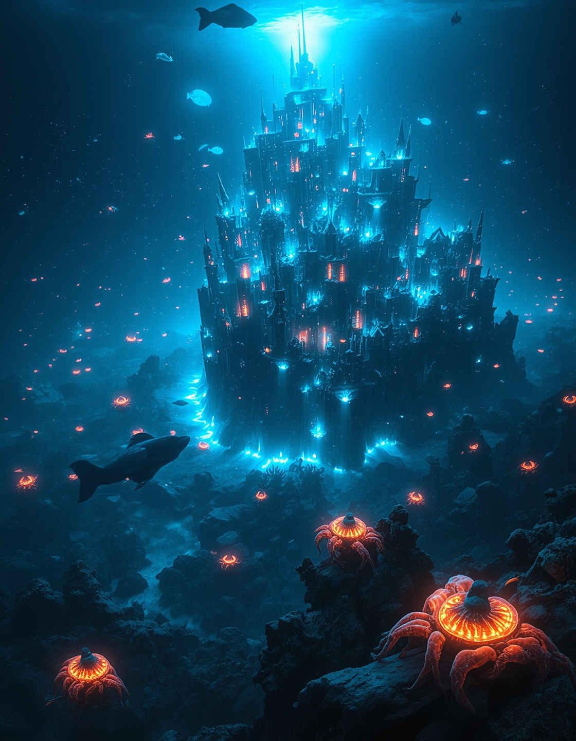 Imagine an image of an underwater city illuminated by bioluminescent creatures, its grand structures stretching into the depths.