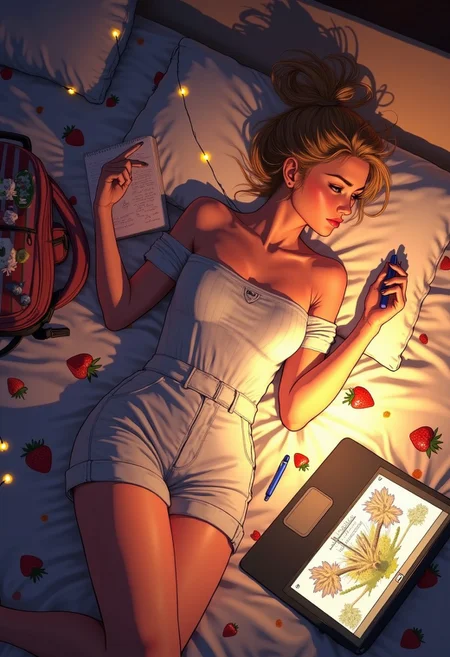 1girl, laying on bed, cozy and warm atmosphere, soft lighting, off-shoulder white romper, blonde hair in a messy bun, fair skin, floral bedsheet with strawberry pattern, scattered fairy lights glowing softly, open laptop, notebook with handwritten notes, blue pen, striped backpack with cute pins, immersive fantasy book with pop-up scenery, warm and dreamy mood, nostalgic and relaxing, hyperdetailed, cinematic lighting, soft focus, intimate perspective, high resolution, ultra-realistic.