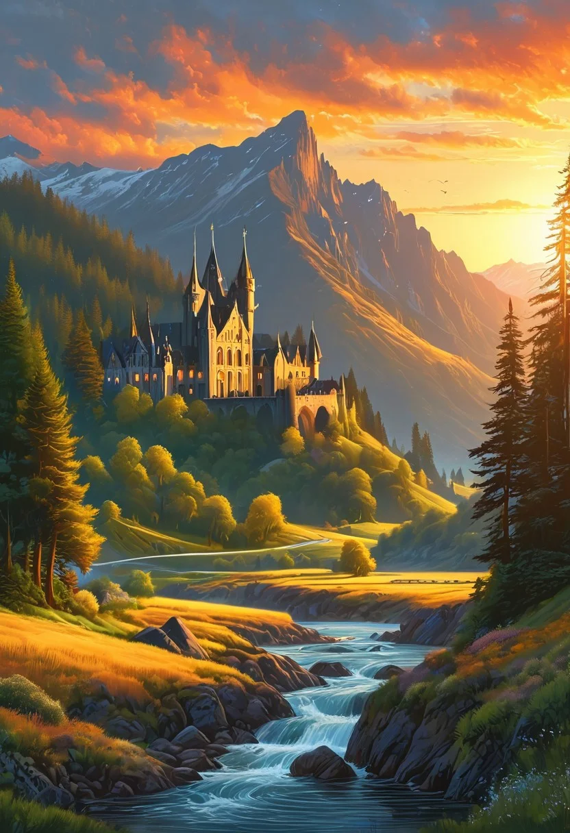 A captivating night scene illustration featuring a beautiful scene of the great out doors in the pacific northwest.. There are great mountains, pine forests, and rivers. It is an outdoorsman's dream. This enchanting artwork captures a serene and peaceful night, where the sun is just starting to rise over the beautiful hills and castle which stands resolute amidst hills of Wales, creating a cinematic experience., illustration, cinematic
<lora:DonM3t3rn1tyXL-v1.1:0.7>, DonM3t3rn1tyXL,
OverallDetailXL <lora:MJ52:0.3> <lora:SDXLFaeTastic2400:0.4> <lora:EpicF4nta5yXL:0.7>