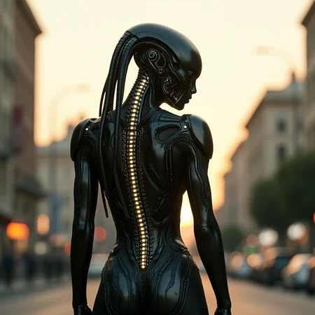 biopunk style, realism. The image showcases a figure that is uniquely blending organic and artificial elements. This person has an alien-themed typical medium width shoulders for a woman, biomechanical style and features egyptian design elements. Their dark synthetic that has the appearance and texture of natural skin. The metallic spine with dimly glowing indicators is visible in stark contrast, adding to the overall moody sci-fi atmosphere. The setting appears sunrise, with the figure standing on a city street. The image emphasizes the tension between the organic and artificial components through its contrasting colors and textures. The figure has dynamic and regal pose. Fusion of organic and mechanical engineering, cybernetic enhancements, advanced biotechnology, intricate patterns of circuitry and microorganisms, give the scene an eerie and diabolical feeling.  <lora:flux_trainer/fluxPunk_v12>, <lora:artist/style of H. R. Giger FLUX 295-000006.safetensors:1.0>, style of H. R. Giger,  <lora:flux/Realism 2>, <lora:flux/Herbst Photo 35mm Flux V3.safetensors:1.0>, herbstphoto,