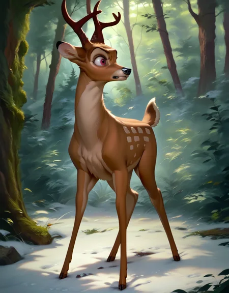 score_9, score_8_up, score_7_up, score_6_up,
bambi, adult, horns, deer, solo, ((Four legs,)) hyperdetailed, detailed fur, forest, full body, snow, angry,
<lora:add-detail-xl:0.8><lora:Bambi:1>  <lora:Furry Enhancer 6.1:2>
