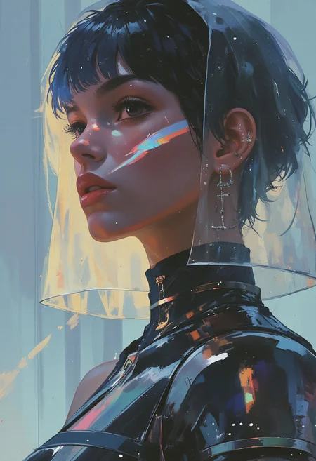 A hyper-realistic digital portrait, mid-angled side view of an Arabic woman, highly detailed, cinematic focus. Her masculine jawline is sharply defined, catching soft highlights, with a refined, elegant nose and full lips in a neutral pose. A transparent plastic veil drapes over her head and shoulders, clinging slightly to her skin, reflecting ambient light like glass. Two iridescent stripes run diagonally across her cheeks, starting near the temples and fading toward the jaw, glowing in shifting hues of blue, violet, and green. Her short, side-primmed, tightly permed hair is styled with precision, dark with chrome-toned reflections on the edges. She wears sculpted chrome clothing wrapping her shoulders and neck, form-fitting like armor, reflecting fragmented light. The mid-angle view captures her strong neck line and partially exposed ear adorned with minimalist metallic jewelry. The background is abstract — blurred metallic architecture with soft gradient tones of steel blue and graphite, amplifying the futuristic mood. The composition evokes surreal elegance, gender-fluid power, and avant-garde beauty within a hyper-detailed, cyber-fantasy aesthetic.