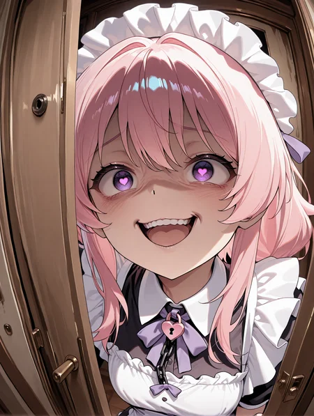 solo, 1girl, CivChan, pink hair, purple eyes, maid uniform, open mouth,teeth, (wrinkled skin:1.1), heart-shaped_pupils, hand, grabbing door, hidden_blade, portrait,meme, chain lock, fisheye, ominous shadow, sensitive, The Shining film style anime artwork of Jack Torrance In the 1980's in the Colorado Rocky Mountains a man with a beard and a shirt is looking through a broken door with a creepy smile, by shiro youduki,masterpiece,best quality,newest,absurdres,highres,very awa,