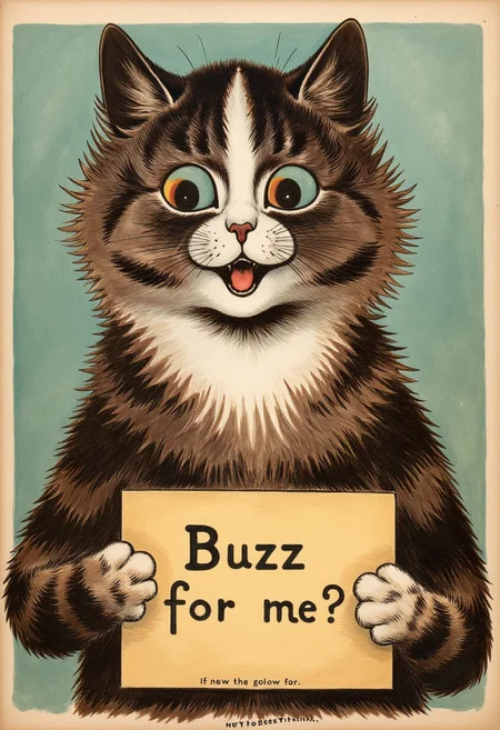 A cat holding a sign saying "Buzz for me?"