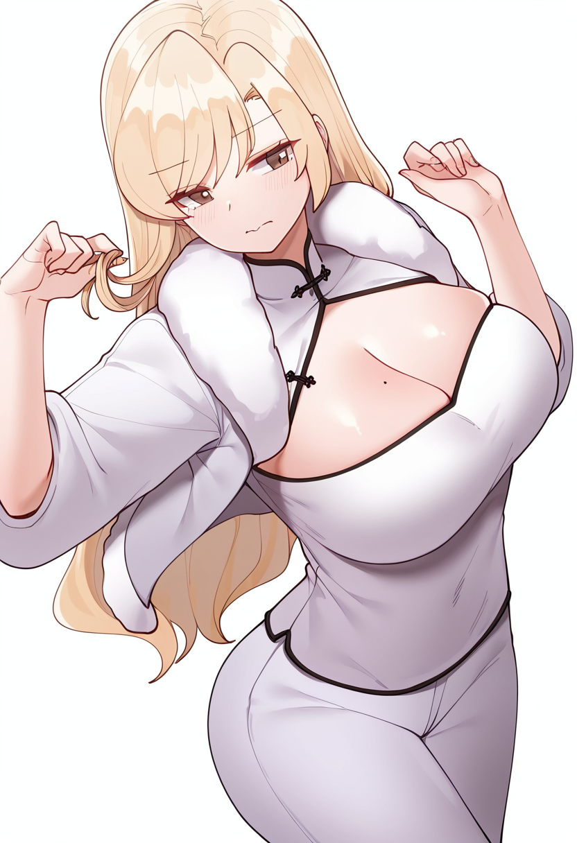 Smooth Quality,masterpiece,very intricate, high quality details, ultra realistic, high detailed skin,detailed enviorement,absurdres,
simple background, white background, dancing,skindentation, solo,dutch angle,twirling hair,
 <lora:Yejin_Lim_CNR:0.8> yejin_cnr, 1girl, blonde hair, long hair, bangs, brown eyes, mole on breast, large breasts,fur-trimmed jacket,  ,cheongsam top,   ,pants,,, wavy mouth,, | |,