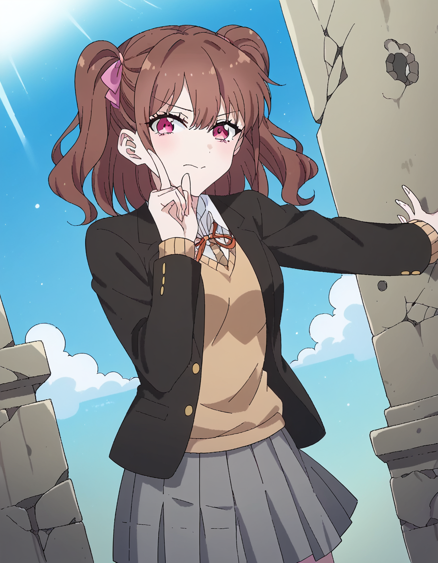 score_9, score_8_up, score_7_up, source_anime, <lora:mikari-tachibana-s1-ponyxl-lora-nochekaiser:1>, mikari tachibana, brown hair, twintails, hair ribbon, two side up, pink eyes, medium breasts, mature female,, skirt, bow, school uniform, jacket, pleated skirt, blazer, grey skirt, black blazer, sweater vest, collared shirt,, ruins, old, stone, history, fallen, , <lora:hoshino-ruby-dance-ponyxl-lora-nochekaiser:1>, hoshino ruby dance, finger wagging, index finger raised, dancing, outstretched arm,, looking at viewer, solo,, dutch angle, cowboy shot