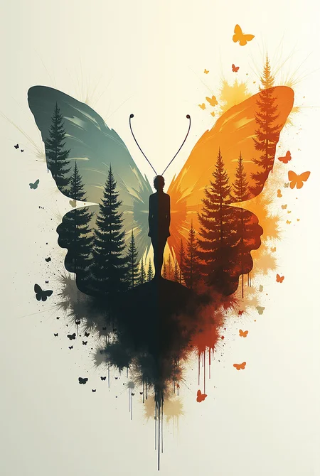 abstract style Surr3@l double exposure butterfly forest silhouette, wabi-sabi, ink splash, watercolor painting, high contrast wind's blowing, expression, big leaves in the wind abstract. <lora:Surrealist_CFH-000013.safetensors:1.0>, <lora:FluxDFaeTasticDetails.safetensors:0.1>, . non-representational, colors and shapes, expression of feelings, imaginative, highly detailed