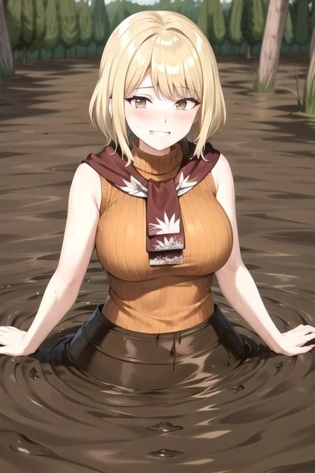 ashley graham, brown eyes, bangs, red scarf, (orange sweater:1.2), sleeveless turtleneck, green miniskirt, large breast, partially submerged, in mud, flooding up to the chest, upper body, (village:1.5), (mud:1.5), (pov:1.5), (raised eyebrows:1.2), :o, blush, (sinking:1.1), (seductive smile:1.5), ,
