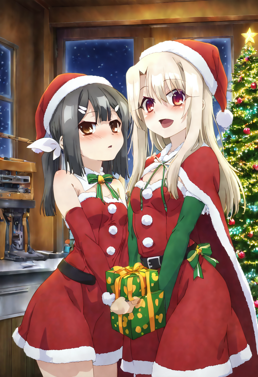 (masterpiece ,best quality, ultra detailed, highres, absurdres:1.2), , medium breasts, (curvy),   (2girls),  miyu edelfelt, brown eyes, black hair, hair ornament, illyasviel von einzbern, red eyes, white hair, long hair, red eyes, ð, christmas workshop, festive atmosphere, colorful outfits, green and red costumes, pointy hats, cheerful expressions, wrapping presents, toy-making machines, wooden workshop, twinkling christmas lights, snowy window, holiday spirit, cute and playful, cozy setting  ,<lora:PrismaIllya_NAI:1.0>,