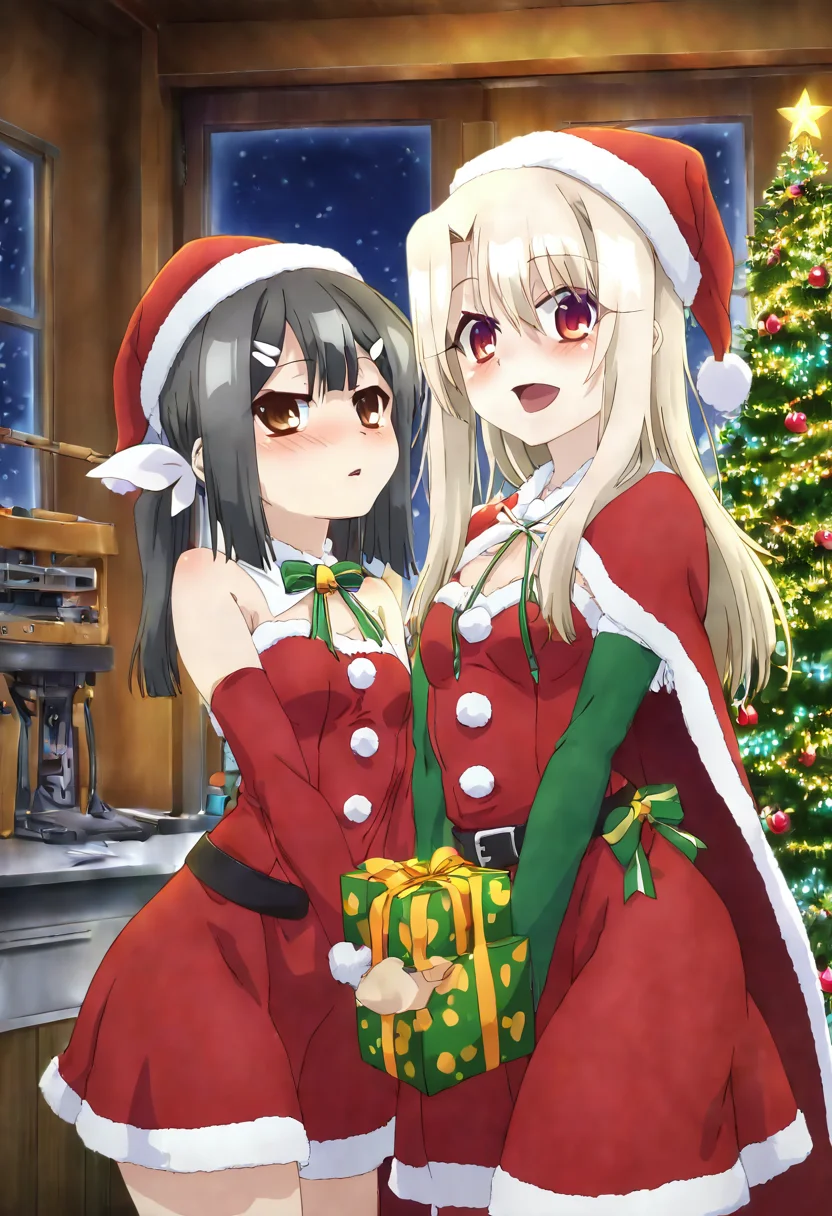 (masterpiece ,best quality, ultra detailed, highres, absurdres:1.2), , medium breasts, (curvy), (2girls), miyu edelfelt, brown eyes, black hair, hair ornament, illyasviel von einzbern, red eyes, white hair, long hair, red eyes, ð, christmas workshop, festive atmosphere, colorful outfits, green and red costumes, pointy hats, cheerful expressions, wrapping presents, toy-making machines, wooden workshop, twinkling christmas lights, snowy window, holiday spirit, cute and playful, cozy setting ,<lora:PrismaIllya_NAI:1.0>,