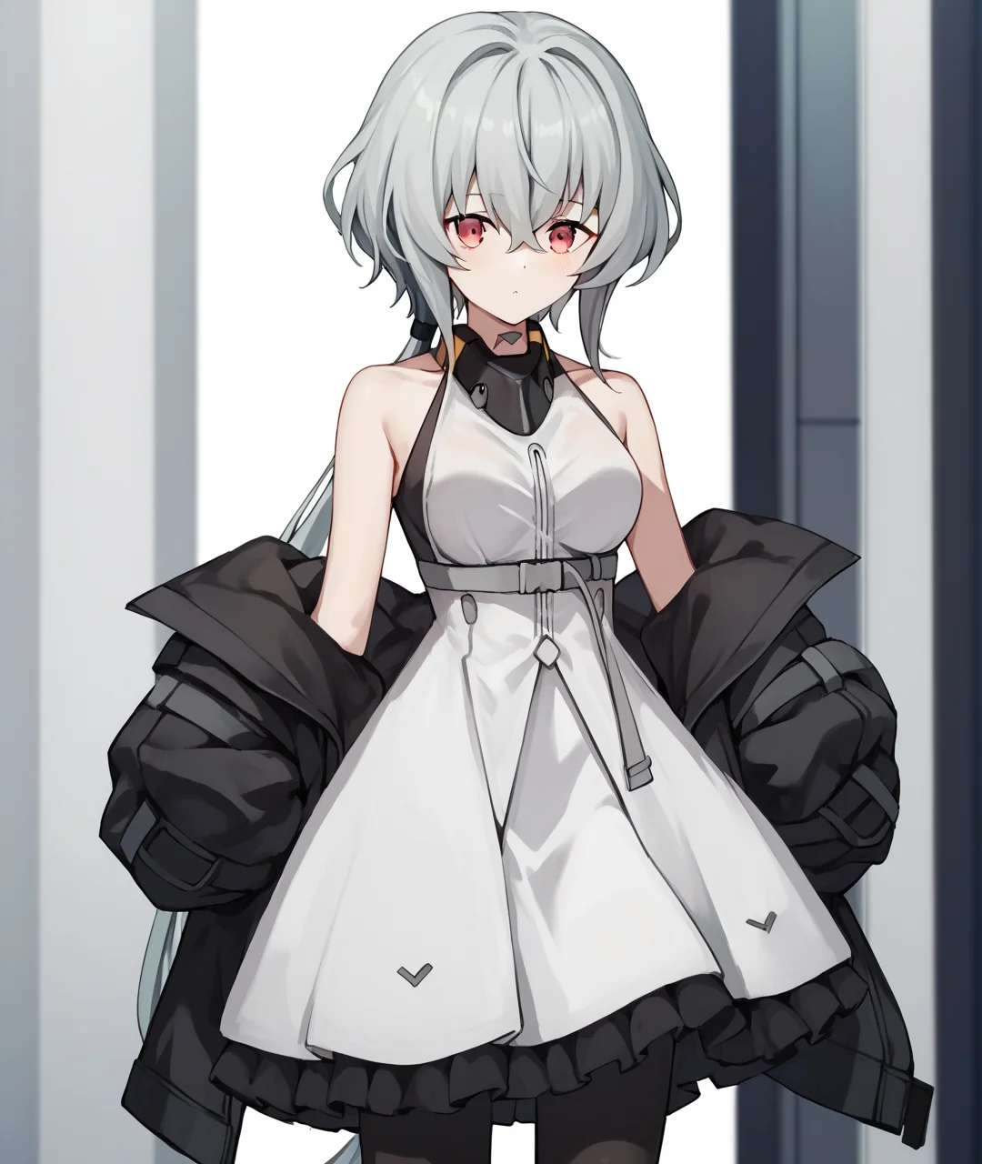 score_9, score_8_up, score_7_up, score_6_up, score_5_up, score_4_up, BREAK source_anime,
<lora:Noir_PONY:1>,noir,1girl, solo, red eyes, grey hair, bangs,very long hair,low ponytail, hair between eyes, bare shoulders, black jacket,white dress,black pantyhose,