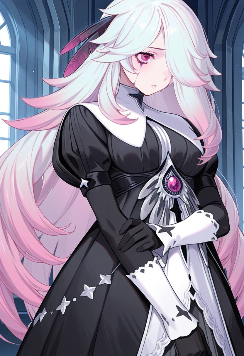 AMAZING QUALITY, MASTERPIECE, 1GIRL, CHIARA, WHITE HAIR, PINK HIGHLIGHTS, RED EYES, HAIR OVER EYE, HAIR FEATHERS, DRESS, EYE STAINS, GLOVES