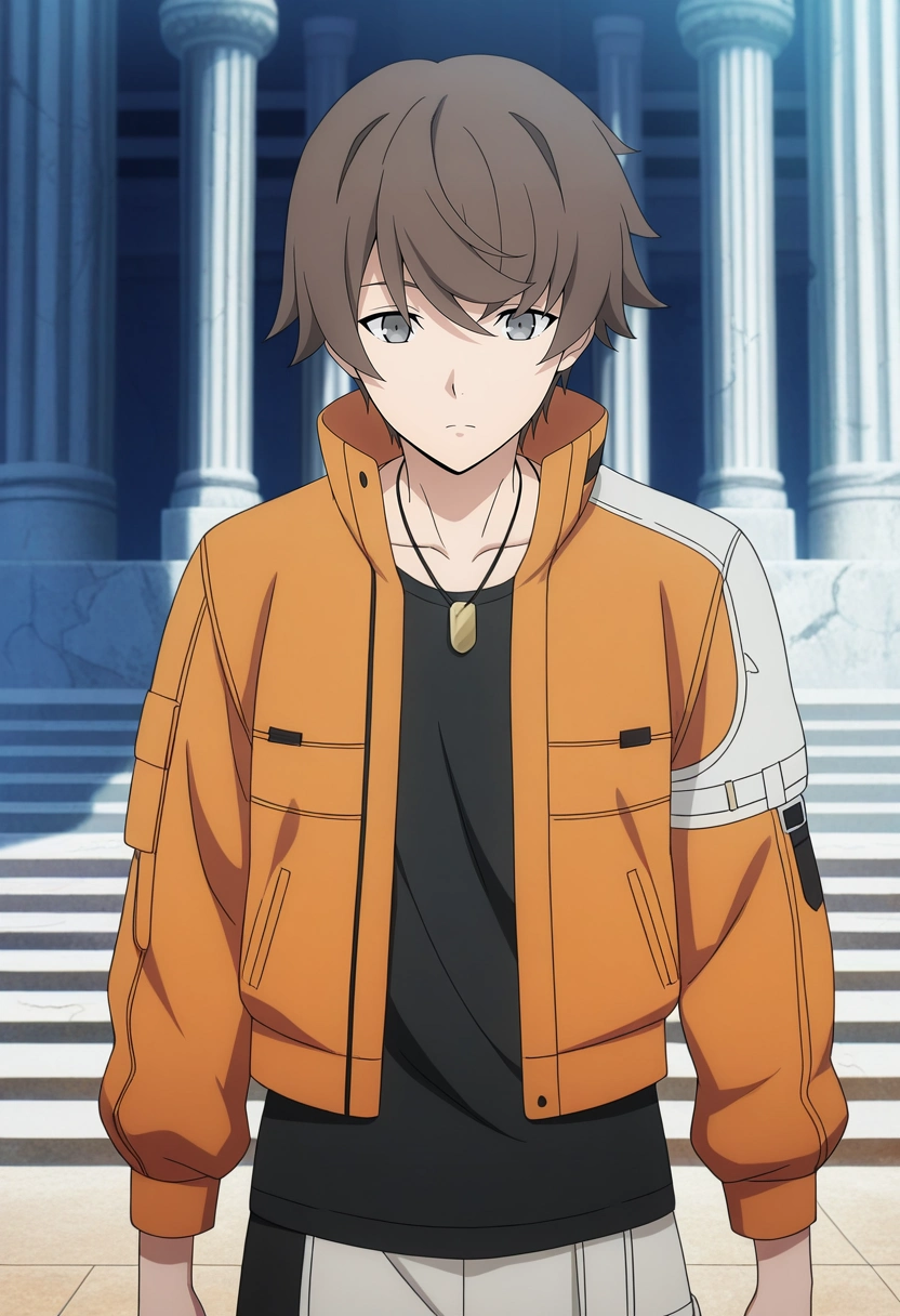 masterpiece, best quality, anime screencap, official style, anime coloring, cowboy shot, 1boy, solo, male focus, <lora:kanata_synduality_noir_ilxl:0.94>, kanata_synduality_noir, brown hair, grey eyes, short hair, black shirt, necklace, orange jacket, Acropolis of Athens, ancient ruins, Parthenon temple, standing on marble steps, focused expression, midday sun,