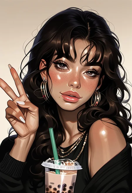score_9, score_8_up, score_7_up, score_6_up, score_5_up, score_4_up, high quality, 1 girl, sexy lips, full lips, lips parted, sultry eyes, peace sign, boba tea