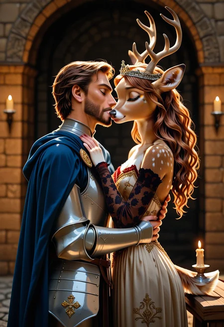 photoreal,  (1girl, fawn furry), (1man,human), anthropomorphic deer girl kissing human male, soft brown fur with white spots, large expressive doe eyes, long eyelashes, wearing an elegant medieval gown in deep red and gold, flowing fabric, golden embroidery, delicate lace sleeves, ornate jeweled tiara, long wavy hair cascading down her back, dainty cloven hooves peeking from beneath the dress, embracing a handsome human man, strong yet gentle, wearing a regal knight’s attire with a deep blue cape, silver armor reflecting candlelight, their lips touching softly, intimate and tender moment, romantic medieval castle setting, stone walls adorned with tapestries, flickering candlelight, warm golden glow, ultra detailed, cinematic lighting, fairy tale romance, noble elegance.