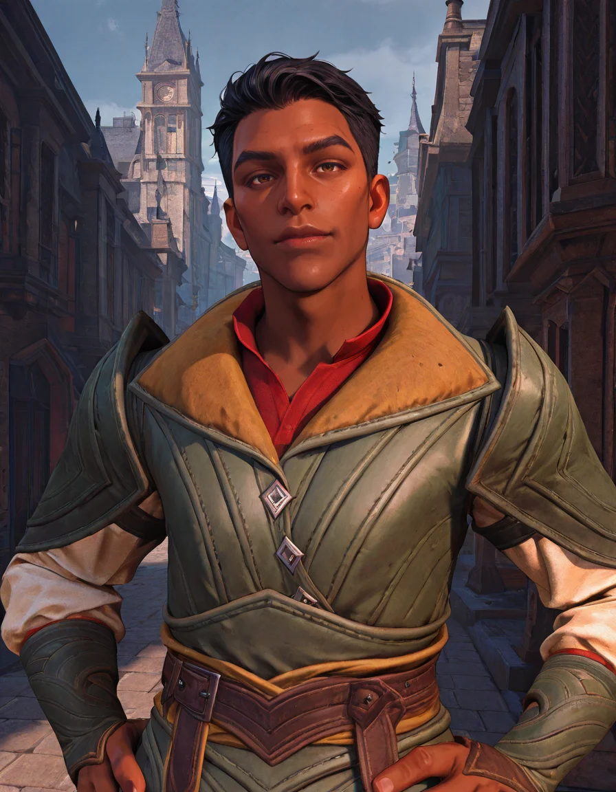 masterpiece, best quality, newest, perfect quality, best quality, detailed background, intricate details, male focus, realistic, <lora:Dragon Age Veilguard - Elek Tavor - Illustrious-000005:0.8>, e_tavor, 1boy, dark skin, black hair, short hair, brown eyes, outdoors, city, leather armor, leather bracers, red undershirt, white sleeves, leather belt, hands on hips, upper body, looking at viewer, head tilt