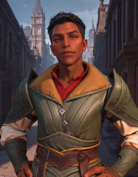 masterpiece, best quality, newest, perfect quality, best quality, detailed background, intricate details, male focus, realistic, <lora:Dragon Age Veilguard - Elek Tavor - Illustrious-000005:0.8>, e_tavor, 1boy, dark skin, black hair, short hair, brown eyes, outdoors, city, leather armor, leather bracers, red undershirt, white sleeves, leather belt, hands on hips, upper body, looking at viewer, head tilt