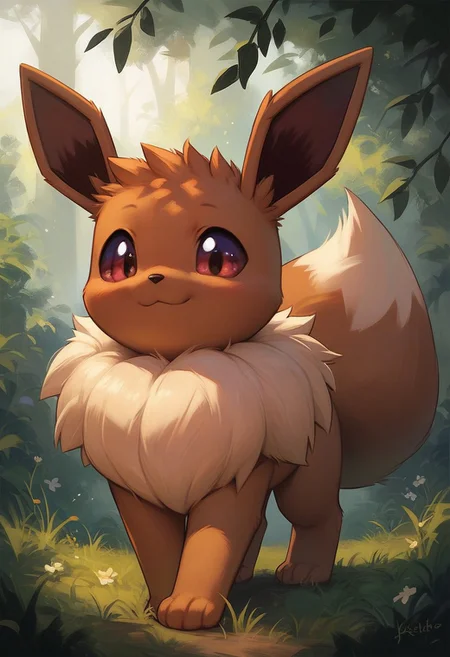 masterpiece,best quality, highly detailed, score_9, score_8_up, score_7_up, score_6_up, score_5_up, score_4_up, Eevee, Pokemon, solo, Cute, in the forest in the morning