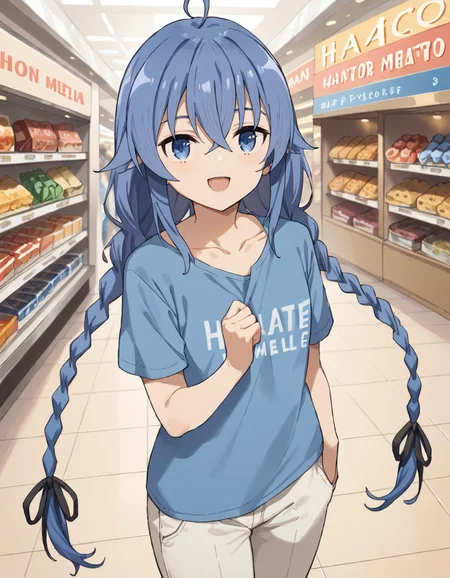 score_9, score_8_up, score_7_up, source_anime,
1girl, solo, looking at viewer, outdoors, indoors, shopping mall, crowd,
<lora:roxy_migurdia_anime_s2_v4-soralz:1>, roxy migurdia, long hair, blue hair, blue eyes, hair between eyes, twin braids, crossed bangs, black ribbon, ahoge,
collarbone, blue t-shirt, long pants, short sleeves, happy, shirt with text HELLO,
