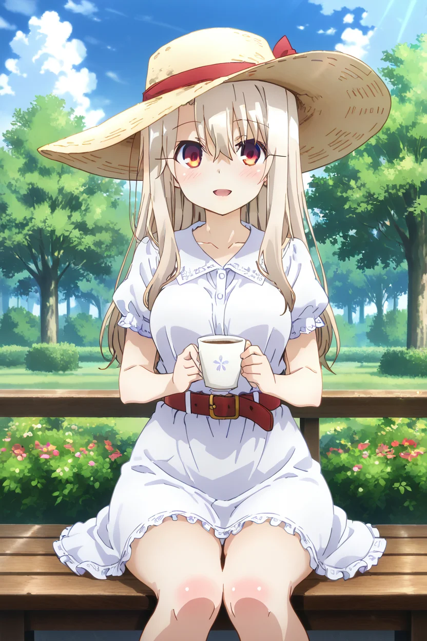 masterpiece, best quality, large breasts, (curvy), ,,, illyasviel von einzbern, 1girl, belt, blonde hair, blue sky, cloud, cloudy sky, cup, day, dress, hair between eyes, hat, headwear request, holding, holding cup, long hair, open mouth, outdoors, red eyes, short sleeves, sidelocks, sitting, sky, solo, tree smile, looking at viewer,<lora:PrismaIllyaIXL_v2:1.0>,