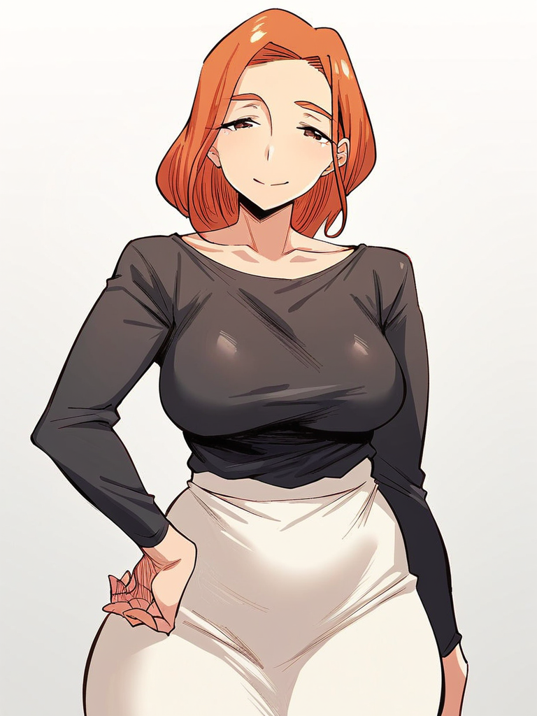 score_9, score_8_up, score_7_up,  
1girl,  hasegawa ayako, mature female, medium hair, large breasts, orange hair, brown eyes,

white skirt, tight skirt, black t-shirt, long sleeves, 

looking at viewer, narrowed eyes, smile, closed mouth,
standing, 
solo, white background,