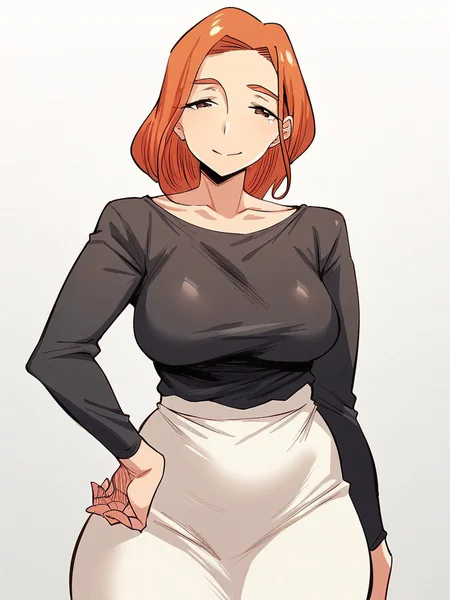 score_9, score_8_up, score_7_up,
1girl, hasegawa ayako, mature female, medium hair, large breasts, orange hair, brown eyes,
white skirt, tight skirt, black t-shirt, long sleeves,
looking at viewer, narrowed eyes, smile, closed mouth,
standing,
solo, white background,