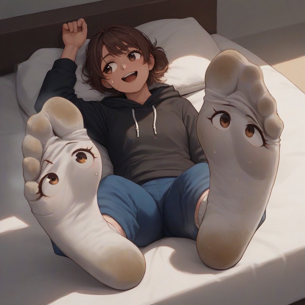 score_9, score_8_up, score_7_up, source_anime, solo, 1girl, laughing, looking away, unaware, brown eyes, black hoodie, blue pants, brown hair, nony tale hair, monotone white socks, lying on back, lying on bed, indoors, from above, sole showing, foot focus, living socks, socks have eyes on soles, socksnhave detailed eyes, only eyes on soles, dirty socks, sweaty soles, sweat, smelly steam, reeked soles,