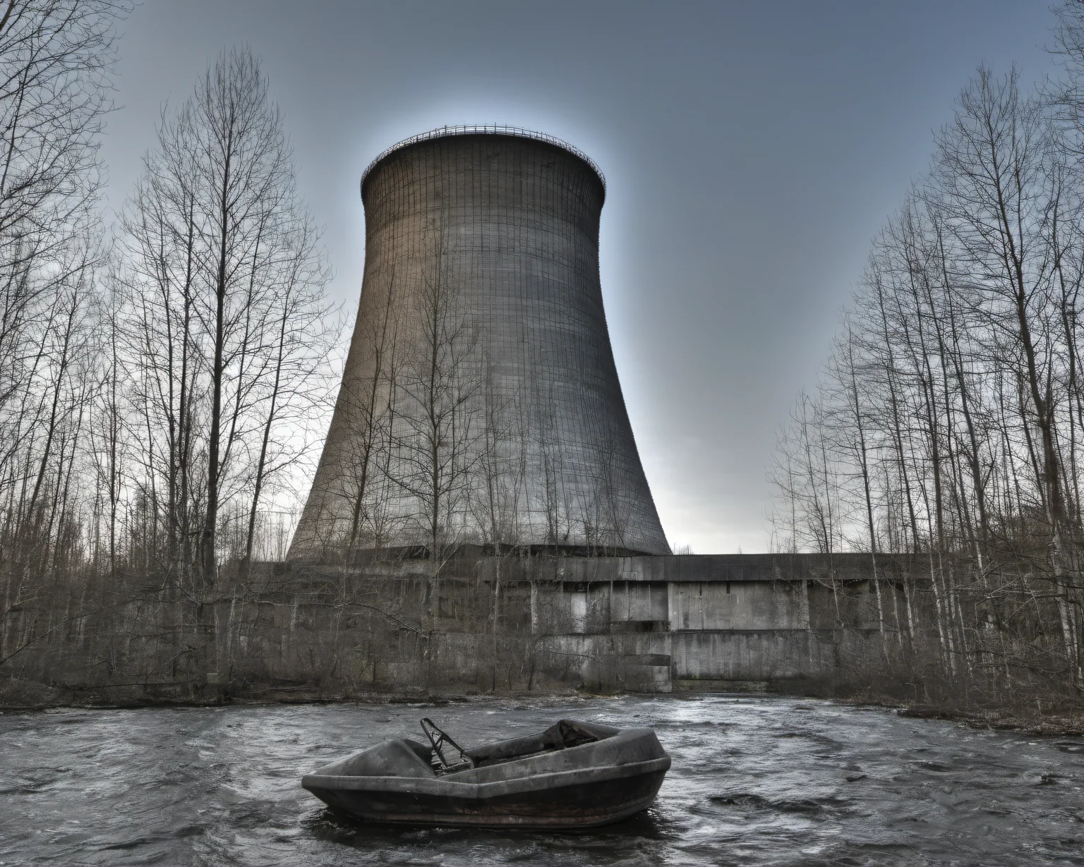 best quality, realistic, vray, hdr, a large cooling tower sitting next to a river, Chern4byl enviroment <lora:PostApocalyptic_Chernobyl_v3:0.8>