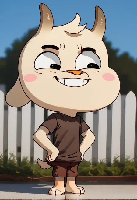 score_9, score_8_up, score_7_up,1boy, solo, cute boy, 1boy, solo, Chichi, goat, pale cream-colored goat, two horns, dark brown horns, fluffy tail, tuft of hair , pink cheeks, orange nose, Barefoot, hands on hips, smug smile, PONYXL_AlexRoss_ComicArt_ownwaifu