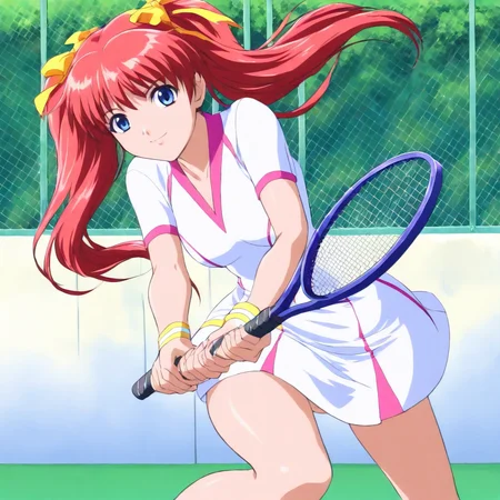 masterpiece,1girl,solo,looking at viewer,tennis uniform,tennis racket,<lora:Shoko_Sugimoto ag4o v1:1> shoko_sugimoto, red hair, twintails, hair ribbon, blue eyes,