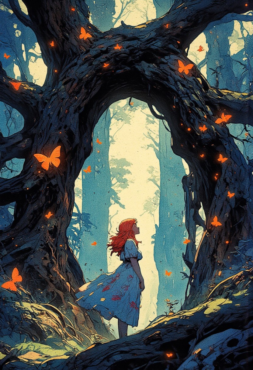 A mystical, enchanted forest bathed in ethereal moonlight. The gnarled, ancient trees twist and arch together, forming a natural gateway deeper into the woods. Their bark is dark and textured, almost resembling skeletal hands reaching for the sky. The air is thick with fog, creating a dreamlike atmosphere. A young girl in a flowing, floral dress stands in the clearing, bathed in soft light. Her red hair cascades gently over her shoulders, and she gazes in awe at the glowing orange butterflies surrounding her. The butterflies emit a magical luminescence, drifting in slow, deliberate patterns, illuminating the dark underbrush with their soft glow. Beyond the archway, the forest appears to stretch endlessly, filled with floating lights, ghostly whispers, and an air of mystery. Small orbs of glowing light hover like will-o’-the-wisps, guiding travelers deeper into the unknown. The atmosphere is a blend of dark fantasy and fairy tale magic, evoking both wonder and an eerie sense of adventure. The scene is painted in a semi-realistic, fantasy style with soft painterly strokes, deep shadows, and a glowing contrast between the warm light of the butterflies and the cool, dark tones of the twisted trees. Inspired by *Alice in Wonderland*, *Pan’s Labyrinth*, and *Studio Ghibli*'s magical forests.
,  anime, cyberpunk