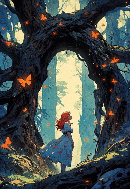 A mystical, enchanted forest bathed in ethereal moonlight. The gnarled, ancient trees twist and arch together, forming a natural gateway deeper into the woods. Their bark is dark and textured, almost resembling skeletal hands reaching for the sky. The air is thick with fog, creating a dreamlike atmosphere. A young girl in a flowing, floral dress stands in the clearing, bathed in soft light. Her red hair cascades gently over her shoulders, and she gazes in awe at the glowing orange butterflies surrounding her. The butterflies emit a magical luminescence, drifting in slow, deliberate patterns, illuminating the dark underbrush with their soft glow. Beyond the archway, the forest appears to stretch endlessly, filled with floating lights, ghostly whispers, and an air of mystery. Small orbs of glowing light hover like will-o’-the-wisps, guiding travelers deeper into the unknown. The atmosphere is a blend of dark fantasy and fairy tale magic, evoking both wonder and an eerie sense of adventure. The scene is painted in a semi-realistic, fantasy style with soft painterly strokes, deep shadows, and a glowing contrast between the warm light of the butterflies and the cool, dark tones of the twisted trees. Inspired by *Alice in Wonderland*, *Pan’s Labyrinth*, and *Studio Ghibli*'s magical forests.
,  anime, cyberpunk