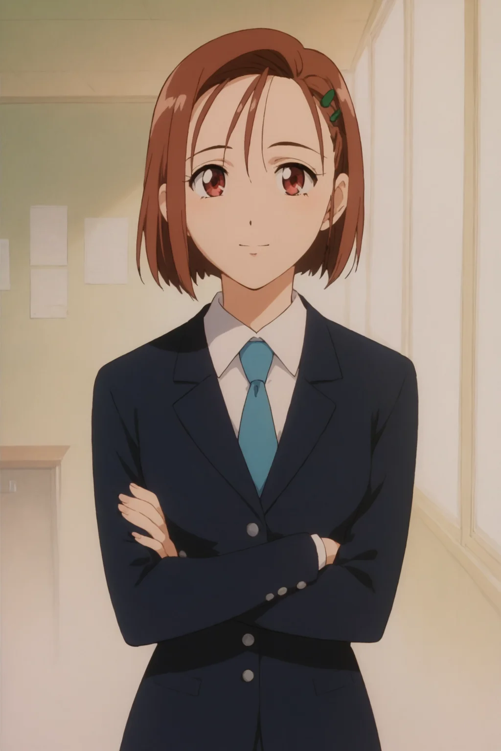 score_9, score_8_up, score_7_up, score_6_up, score_5_up, source_anime, rating_safe, medium breasts, indoors, study room, 1girl, solo, looking at viewer, <lora:age_slider_v4:3>, yukino miyazawa, pleated skirt, hair ornament, blazer, jacket, blue necktie, shirt, short hair, brown hair, school uniform, skirt, black thighhighs, loafers, <lora:Yukino_Miyazawa:0.8>, crossed arms, (upper body:1.2)