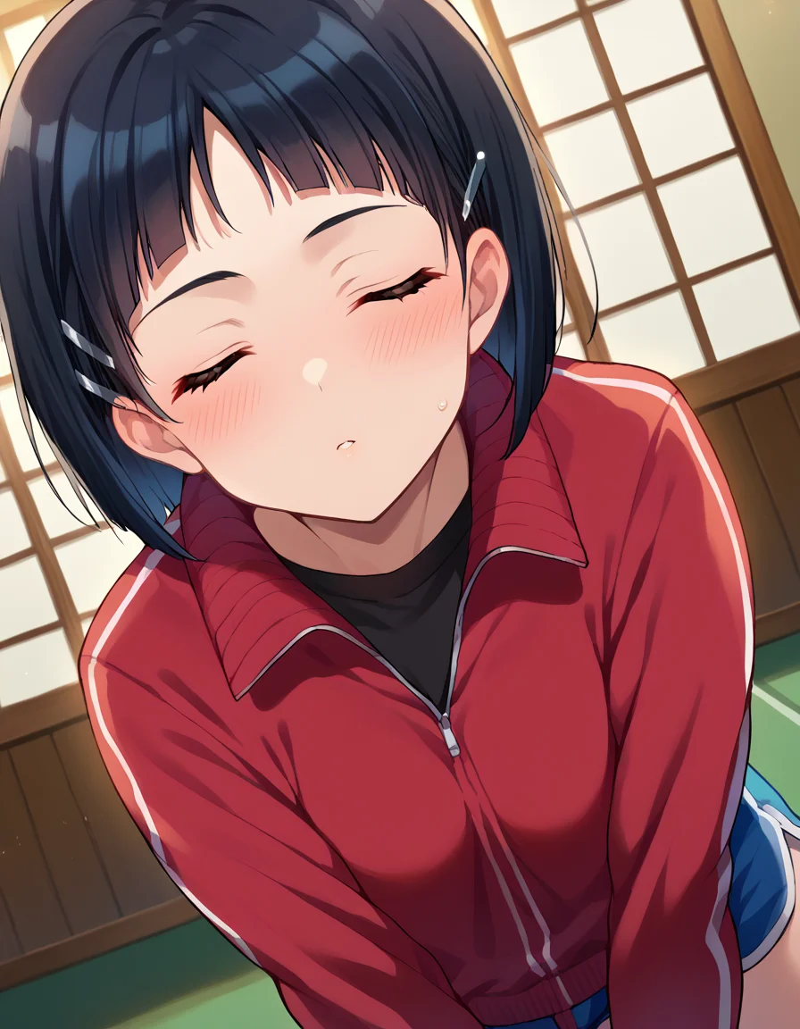 score_9, score_8_up, score_7_up, source_anime,
suguhakirigaya, <lora:suguha-kirigaya-ponyxl-lora-nochekaiser:1>,
suguha kirigaya, short hair, black hair, hair ornament, hairclip,
jacket, shorts, short shorts, blue shorts, track jacket, dolphin shorts, gym shorts, red jacket, shirt, black shirt,
indoors, dojo,
looking at viewer, dutch angle, <lora:incoming-kiss-ponyxl-lora-nochekaiser:1>, incoming kiss, blush, closed eyes,