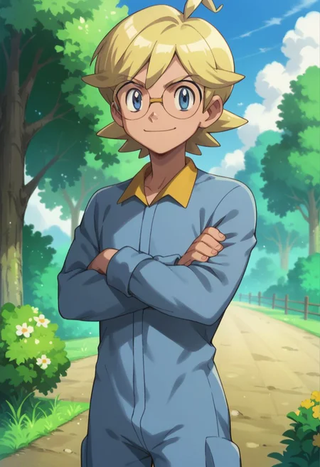 score_9, score_8_up, score_7_up, source_anime, highly detailed, 1boy, solo, male_focus, slender, skinny, cute,
clem_2, 1boy, blonde hair, male focus, glasses, solo, smile, closed mouth, blue eyes, jumpsuit, outdoors, crossed arms, smirk,