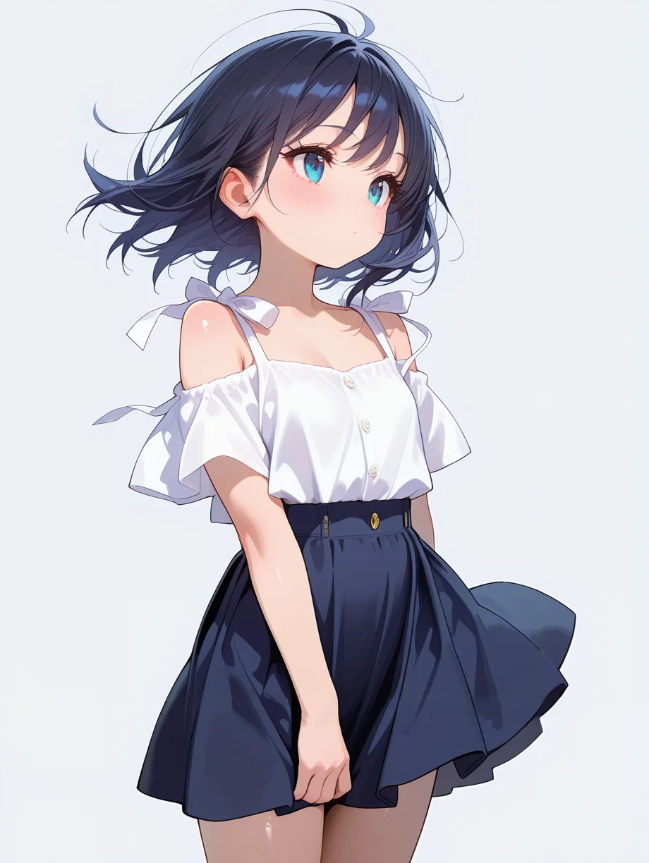 <lora:shoulder ribbon_illustrious_V1.0:1> shoulder ribbon, shirt,skirt,wind,simple background,, masterpiece,amazing quality,best quality,ultra-detailed,24K,illustration,shiny hair,clear skin,beautiful eyes,cute girl,kawaii,eyelashes