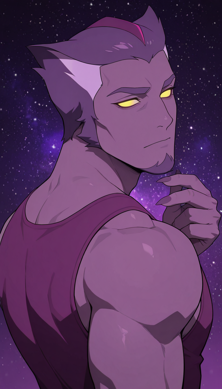 masterpiece,best quality,absurdres,newest,perfect quality,best quality,absolutely eye-catching,detailed background,from behind,looking back,from side,purple galaxy background,blue stars,head tilt,portrait,seductive look,<lora:VLD - Thace - Illustrious:0.8>,vld_thace,1boy,very short hair,multicolored hair,purple body fur,yellow eyes,glowing eyes,solid eyes,no pupils,goatee,long nails,purple tank top,muscular,