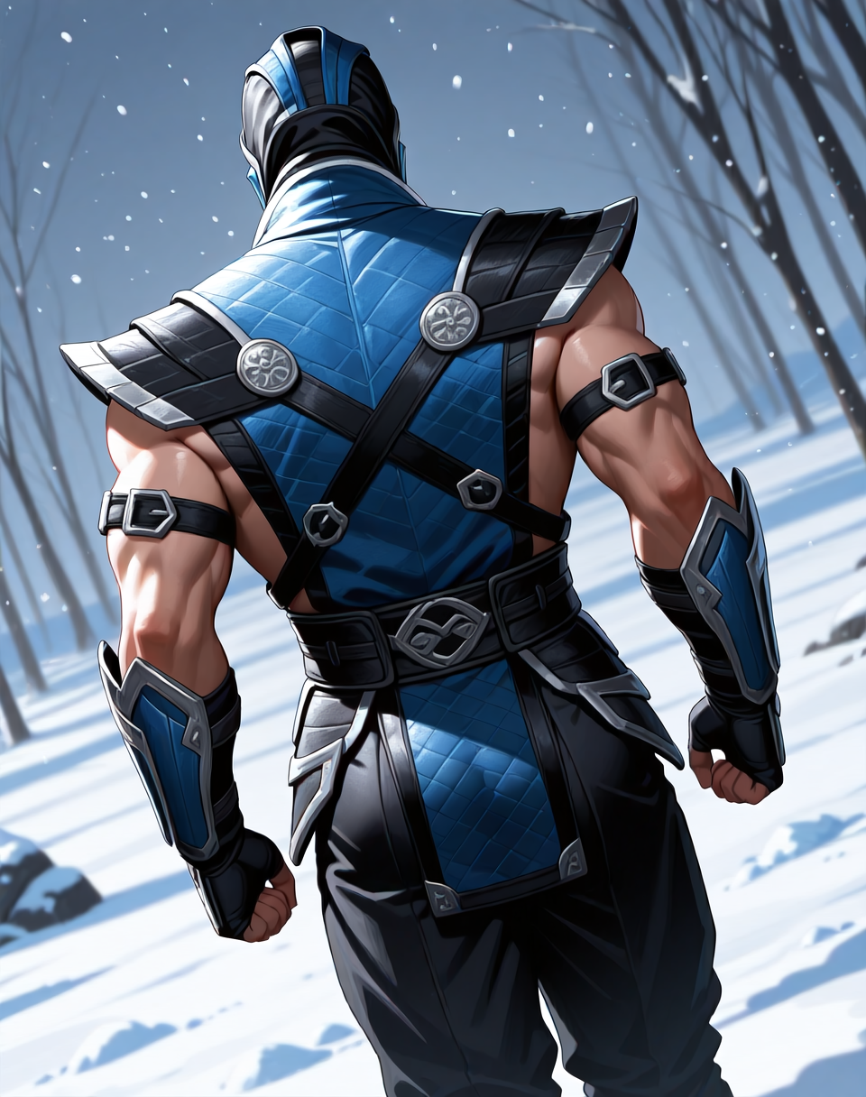 <lora:Sub_Zero_(Mortal_Kombat)_(Illustrious)_(AD):1> Sub Zero, muscular, Mortal Kombat, 
dutch angle, exterior, winter landscape, snowstorm, ice, 
male chest focus, gradient coloring, villain, leather ninja armor, ninja headwear, back view, butt, 
BREAK very awe, aesthetically pleasing, masterpiece, best quality, amazing quality, very aesthetic, perfect depth of field shot, in'ei,
Smooth Quality, lazympos, IllustQualXL_Pos,