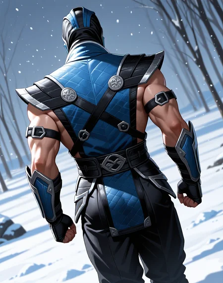 <lora:Sub_Zero_(Mortal_Kombat)_(Illustrious)_(AD):1> Sub Zero, muscular, Mortal Kombat,
dutch angle, exterior, winter landscape, snowstorm, ice,
male chest focus, gradient coloring, villain, leather ninja armor, ninja headwear, back view, butt,
BREAK very awe, aesthetically pleasing, masterpiece, best quality, amazing quality, very aesthetic, perfect depth of field shot, in'ei,
Smooth Quality, lazympos, IllustQualXL_Pos,