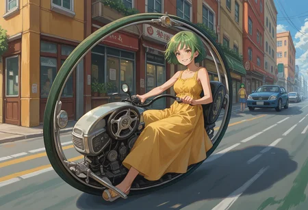 score_9, score_8_up, source_anime, 1girl, solo, green hair, medium hair, bob cut, yellow eyes, medium breasts, yellow sundress, Monowheel, motor vehicle, riding, smile, street, <lora:ChamMonowheelPonyXL:1>