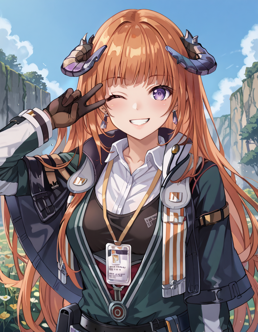 (masterpiece), (best quality), (ultra-detailed), masterpiece, score_9, score_8_up, score_7_up, source_anime BREAK, illustration, disheveled hair, detailed eyes, perfect composition, moist skin, intricate details, earrings, by wlop, Bagpipe, very long hair, orange hair, purple eyes, bagpipe_horns BREAK, Default, bagpipe_shirt, bagpipe_jacket, bagpipe_gloves, bagpipe_id card, BREAK, Reed,outdoor, looking at viewer, detailed fingers, upper body, peace sign, one eye closed, parted lips, wink, tilting,smile